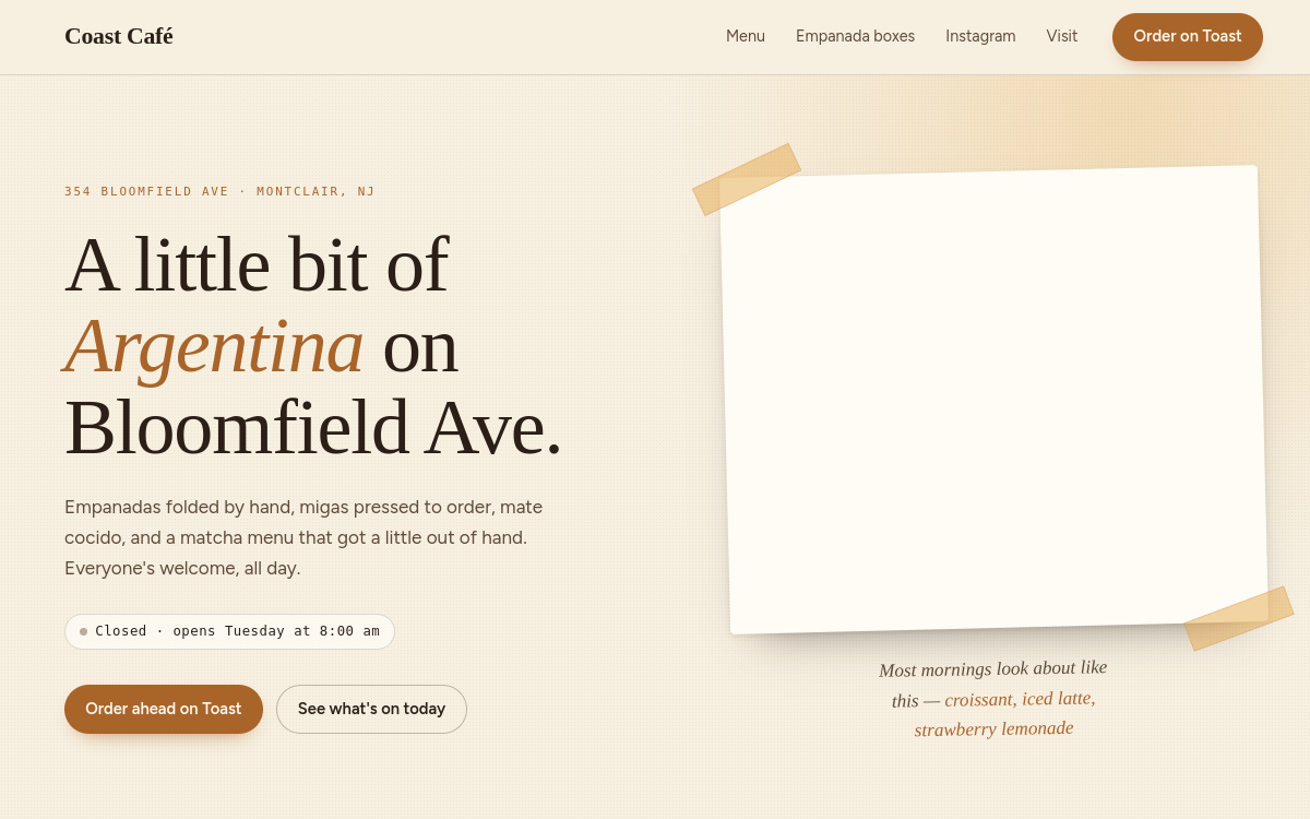 Coast Cafe website landing page